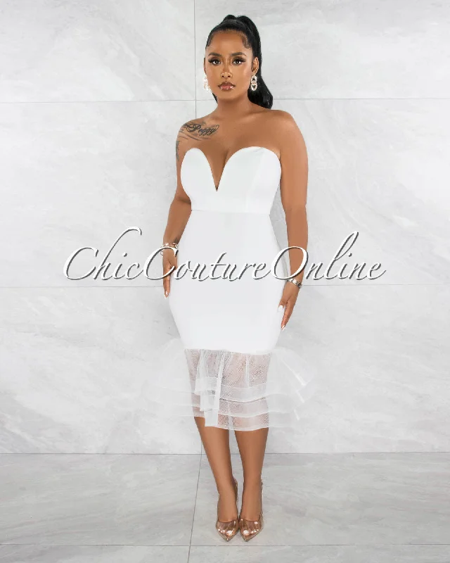 Kalani Off-White Dramatic Tulle Ruffle Hem Midi Dress Elegant Puff Sleeve Midi Dress