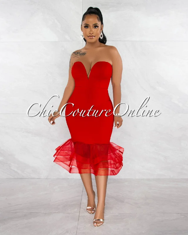 Kalani Red Dramatic Tulle Ruffle Hem Midi Dress Trendy Fit-and-Flare Midi Dress