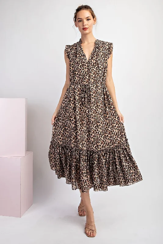 LEOPARD PRINTED SHORT SLEEVE VNECK MIDI DRESS Fashionable Casual Midi Dress