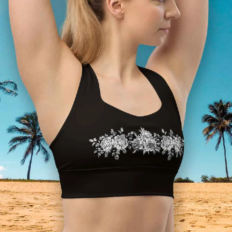 Floral print on black longline sports bra, lioness-love Wireless Push-Up Bra