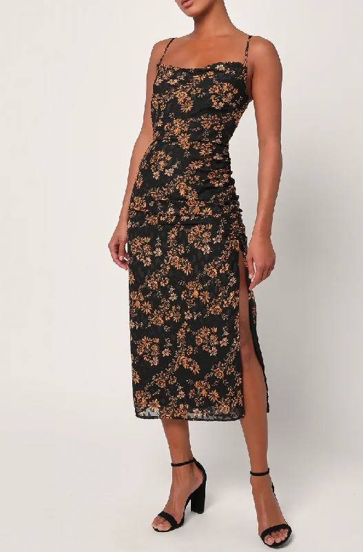 Lulus Floral Cowl Neck Midi Dress - Brown Stylish Wraparound Midi Dress