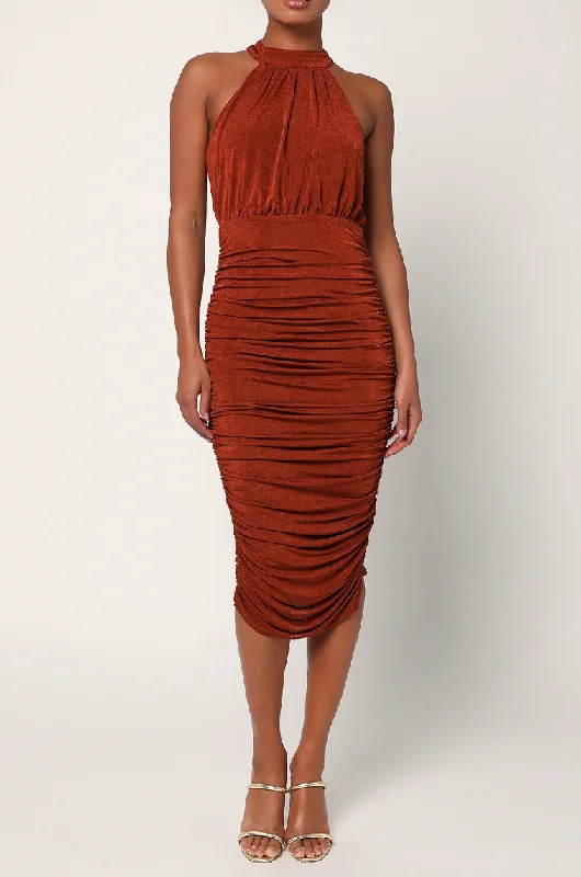 Lulus Irresistible Presence Halter Ruched Bodycon Midi Dress - Rust Cozy T-shirt Midi Dress