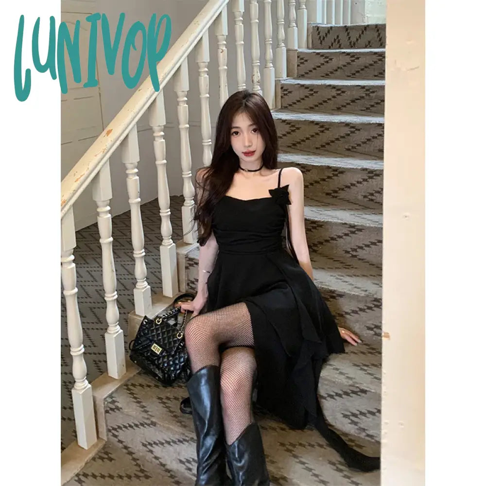 Lunivop Y2K Irregular Midi Dress Women Gothic Black Sexy Strap One Pieces Dresses Korean Party Prom Elegant Bodycon Vestidos New Trendy Midi Dress with Belt