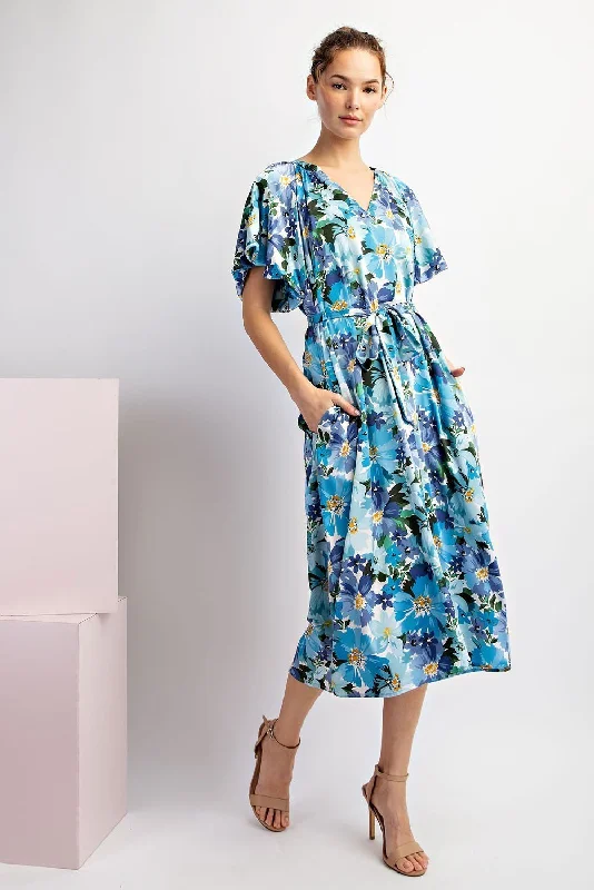 MARINE BLUE FLORAL SATIN VNECK POCKETED MIDI DRESS Chic Bohemian Midi Dress