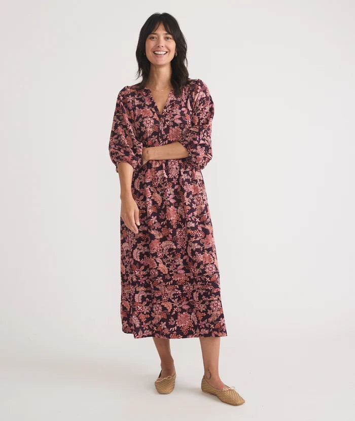 Marine Layer Lola Midi Dress - Warm Floral Elegant Pleated Detail Midi Dress