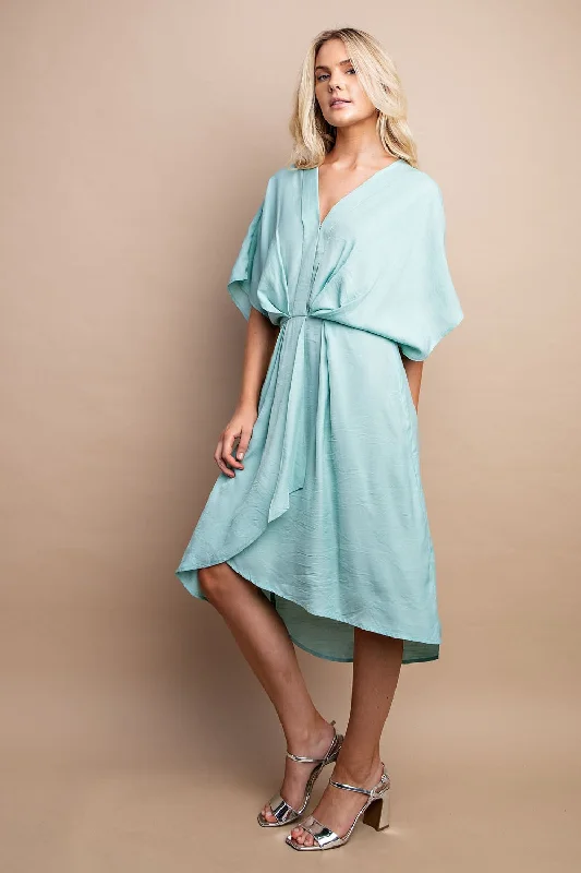 MINT BATWING SLEEVE PLUNGE WRAP MIDI DRESS Stylish Button-Down Midi Dress