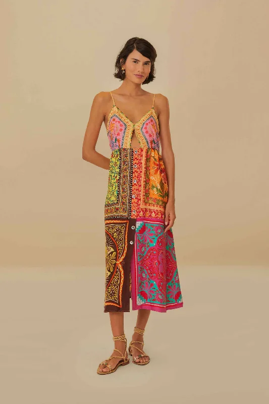 Mixed Scarves Multicolour Midi Dress Cozy Wide Strap Midi Dress