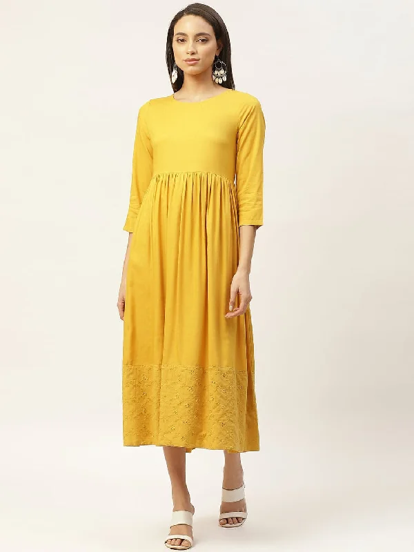 Mustard Schiffli Gathered Midi Dress Trendy Flared Sleeve Midi Dress