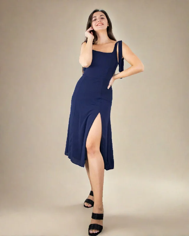 Oceane Blue Strappy Dress - Square Neck Midi Dress Elegant Satin Slip Midi Dress