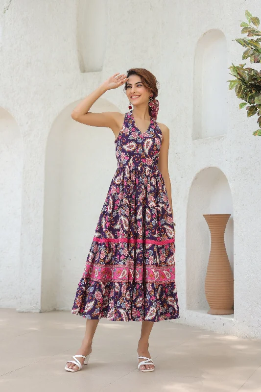 Paisley Printed Pure Cotton Ethnic Midi Dress Elegant Satin Midi Dress