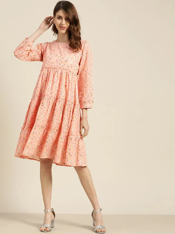 Peach Floral Tiered Midi Dress Comfortable Short Sleeve Midi Dress