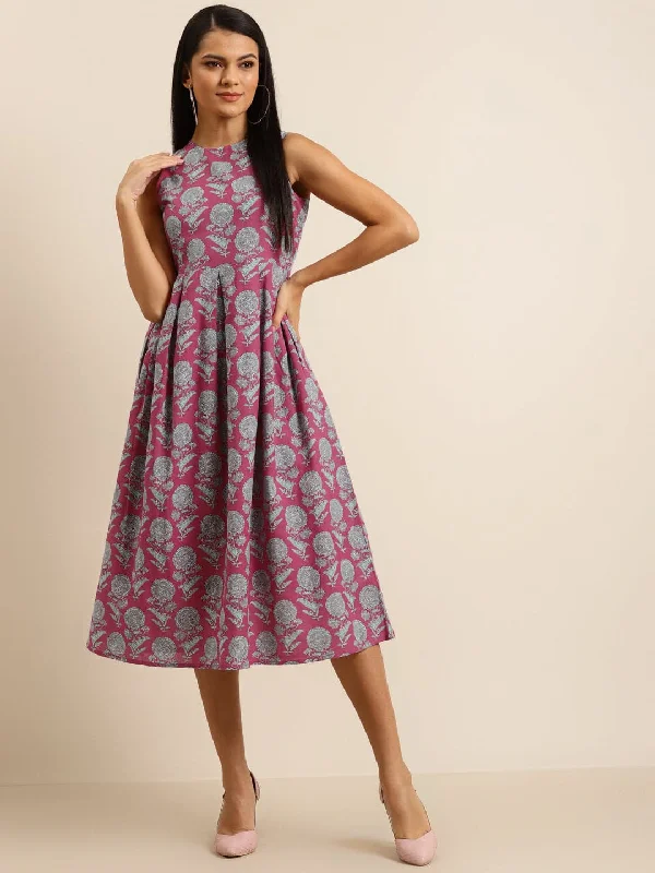 Pink Floral Sleeveless Box Pleat Midi Dress Fashionable A-Line Midi Dress