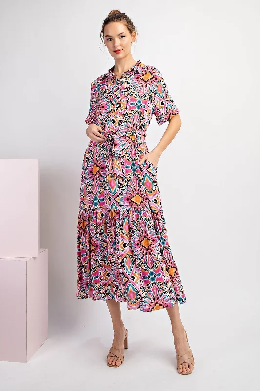 PINK MULTI COLLARED BOHO PRINTED BUTTON DOWN POCKETED MIDI DRESS Chic Floral Print Midi Dress