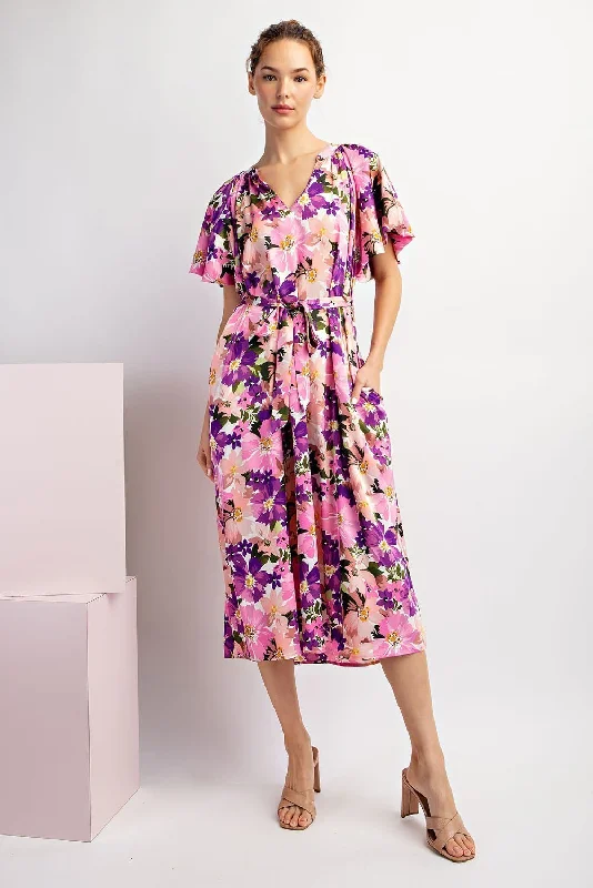 PINK VIOLET FLORAL SATIN VNECK POCKETED MIDI DRESS Fashionable Pencil Midi Dress