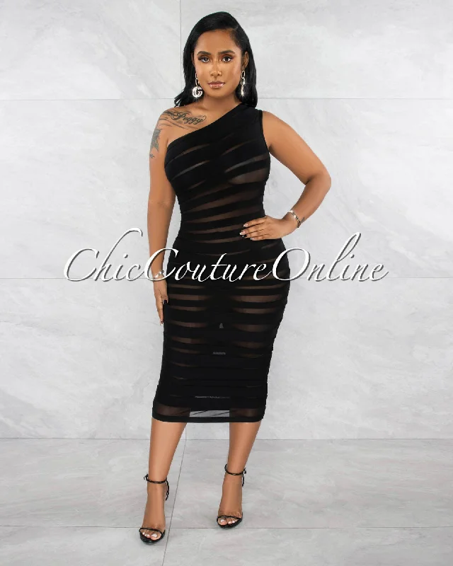 Raimy Black Mesh Accent Stripes Bandage Midi Dress Cozy Wide Strap Midi Dress