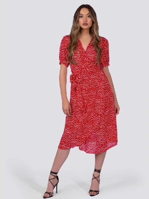 Red Polka Dot Midi Dress | Ethical Fashion Stylish Cold Shoulder Midi Dress