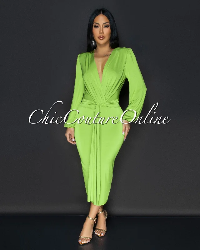 Sabatini Lime Green Knotted Front Midi Dress Stylish Wraparound Midi Dress