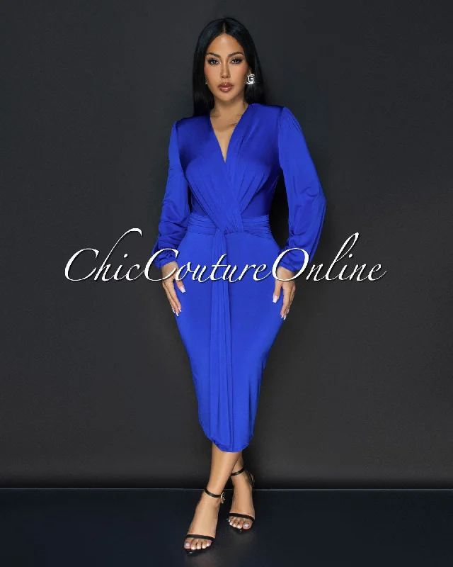 Sabatini Royal-Blue Knotted Front Midi Dress Fashionable High-Low Midi Dress