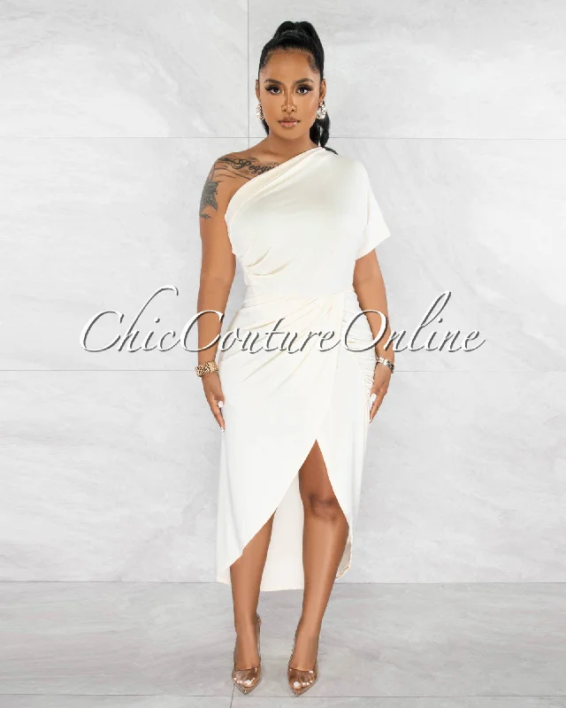 Shyla Beige Draped Front Single Shoulder Midi Dress Comfortable Deep V Midi Dress