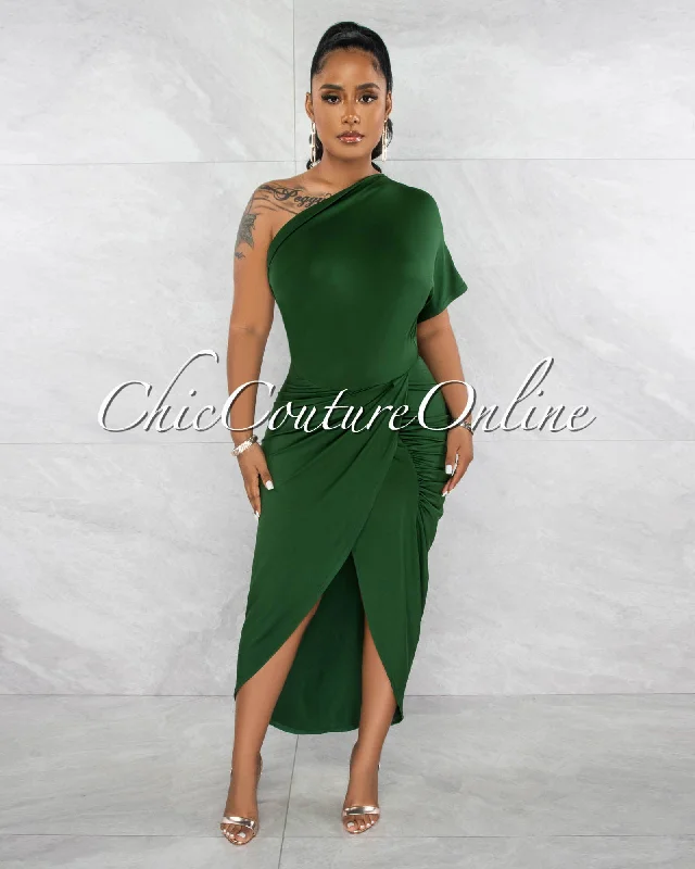 Shyla Hunter Green Draped Front Midi Dress Cozy Knit Midi Dress