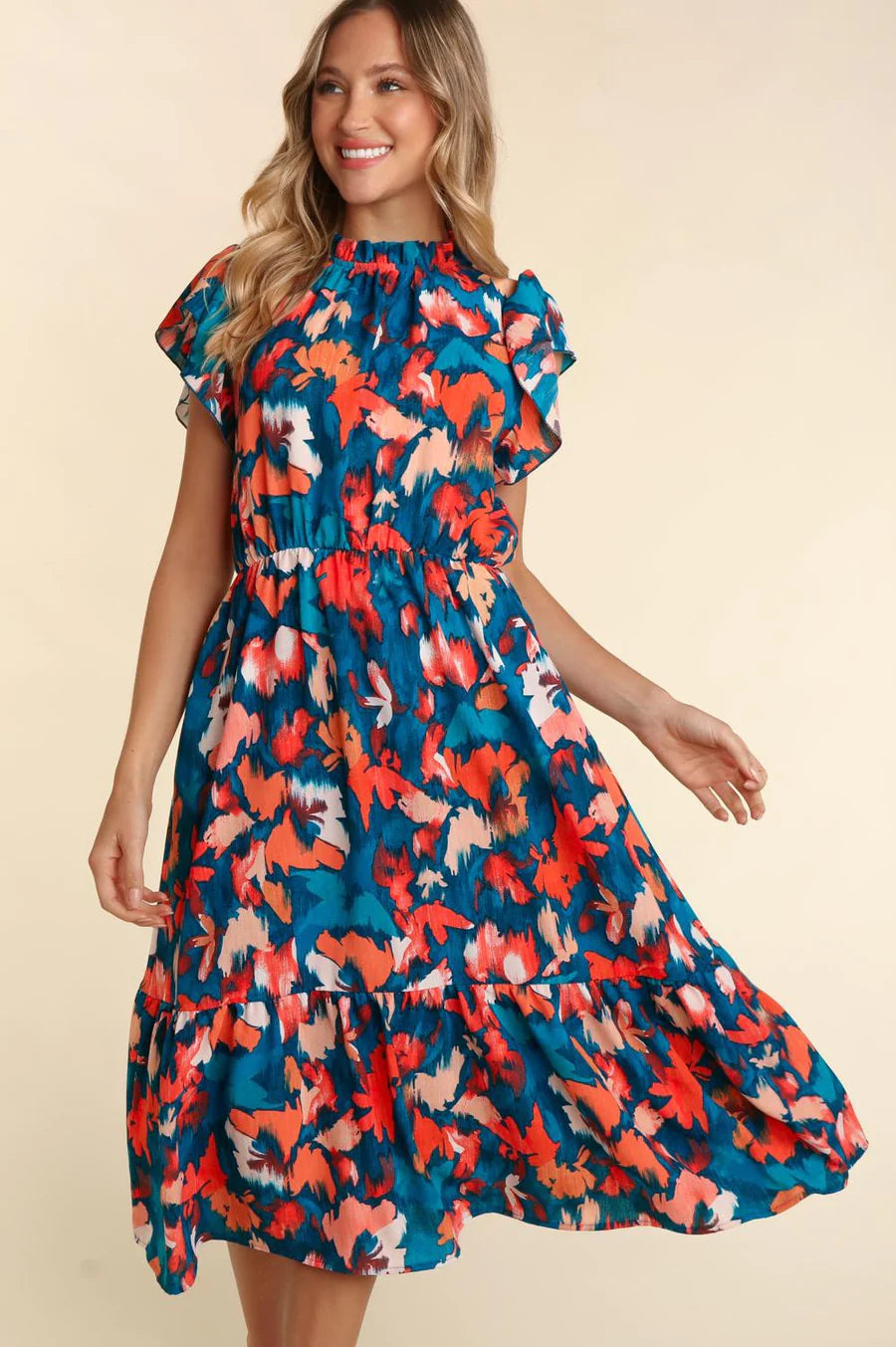 TEAL MOCK NECK FLORAL SIDE POCKETS MIDI DRESS Comfortable Stretch Midi Dress