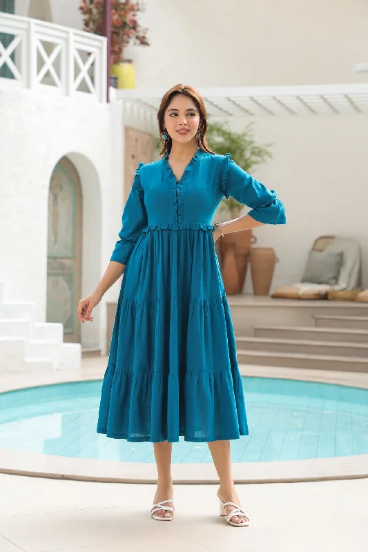 Tiered Pure Cotton Fit & Flare Midi Dress Stylish Off-Shoulder Ruffle Dress