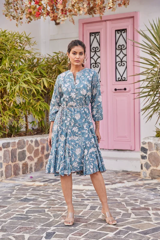 Turquoise Hand Block Print Fit And Flare Midi Dress Elegant Pleated Sleeve Midi Dress