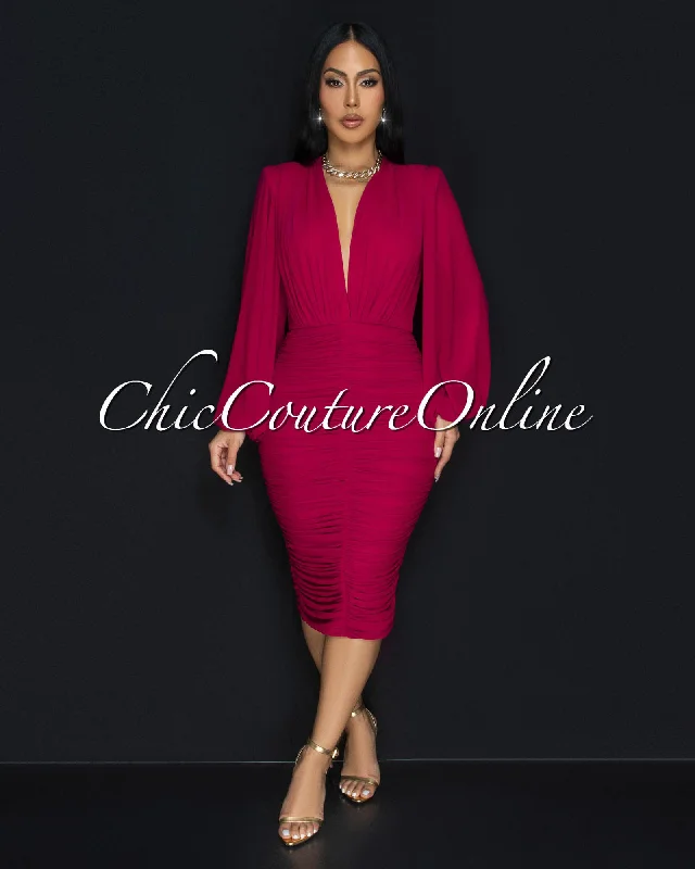 Vanica Magenta Mesh Overlay Plunging V-Neck Midi Dress Fashionable Sheer Sleeve Midi Dress