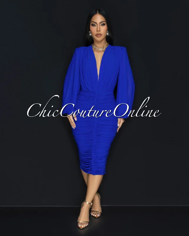 Vanica Royal-Blue Mesh Overlay Plunging V-Neck Midi Dress Comfortable Ribbed Midi Dress