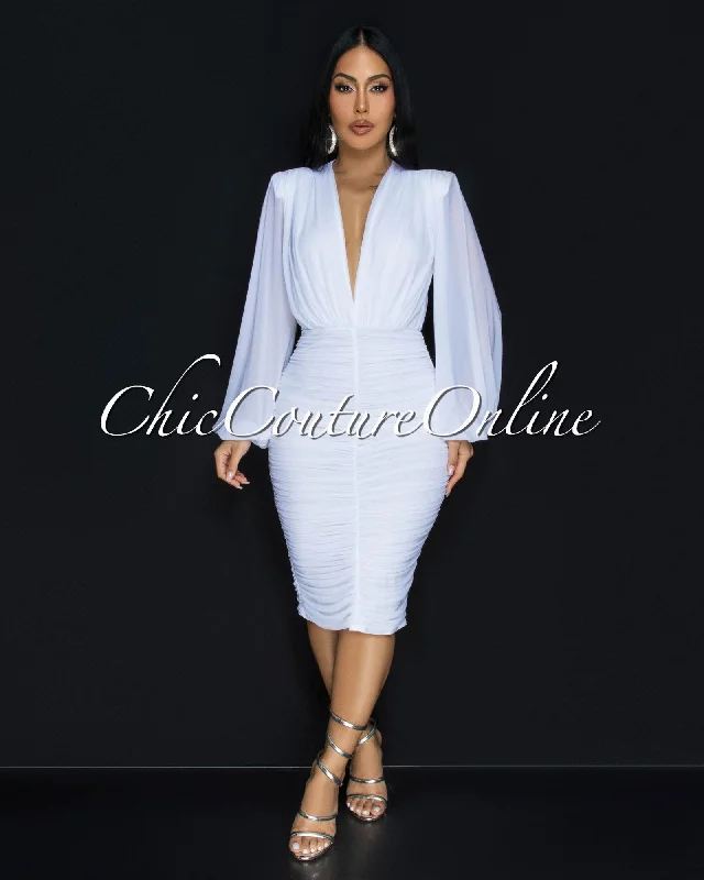 Vanica White Mesh Overlay Plunging V-Neck Midi Dress Trendy Knit Midi Dress