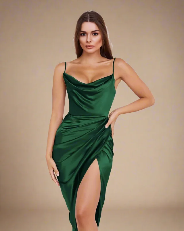 Willa Strappy Cowl Neck Emerald Green Satin Midi Dress Fashionable Chiffon Midi Dress