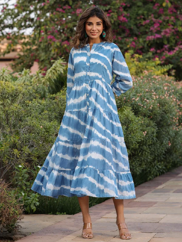 Women Blue Tie and Dye Pure Cotton Fit and Flared Midi Dress Cozy Knit Midi Dress