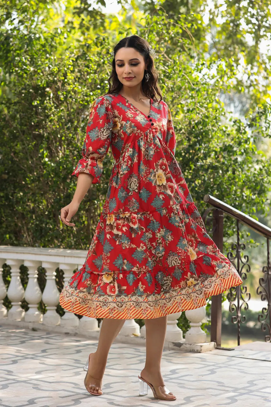 Women Red Ethnic Floral Printed Pure Cotton Knee Length A Line Midi Dress Cozy A-Line Midi Dress