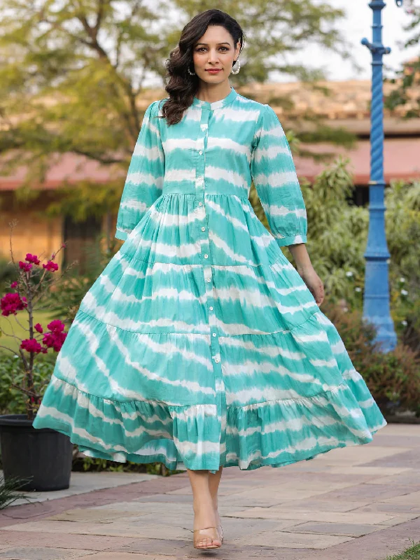 Women Sea Green Tie and Dye Pure Cotton Fit and Flared Midi Dress Elegant Floral Midi Dress