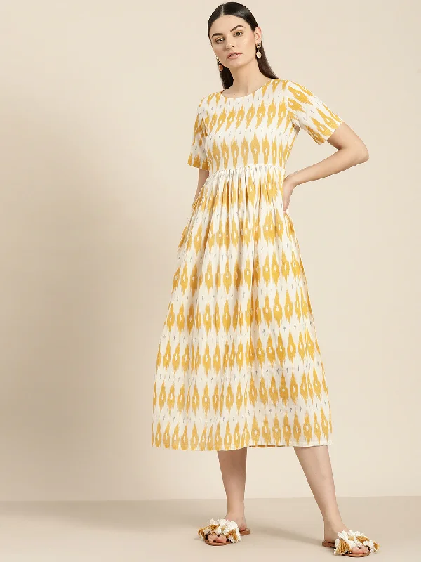 Yellow Ikat Patch Pocket Midi Dress Trendy Shift Midi Dress