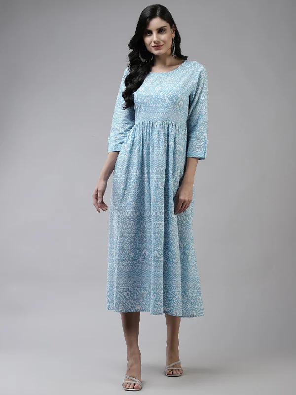 Blue Cotton Ethnic Midi Dress Stylish Wraparound Midi Dress