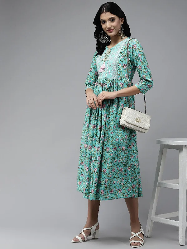 Sea Green Embroidered Cotton Midi Dress Comfortable Button Front Midi Dress