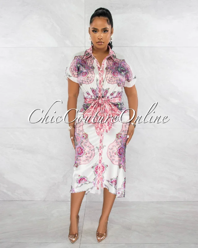 Zackie Pink Paisley Print Front Drape Shirt Midi Dress Stylish Vintage Midi Dress