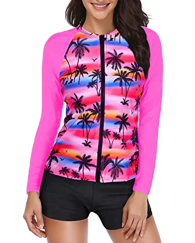 Upf 50+ Swim Shirt With Shorts Two Piece Rash Guard Bathing Suit-Pink Palm Stylish Swimsuit Set Upf 50+ Swim Shirt With Shorts Two Piece Rash Guard Bathing Suit-Pink Palm Stylish Swimsuit Set