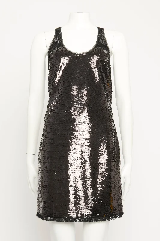 2012 Sequin Fringe Preowned Mini Dress Cozy Satin Mini Dress