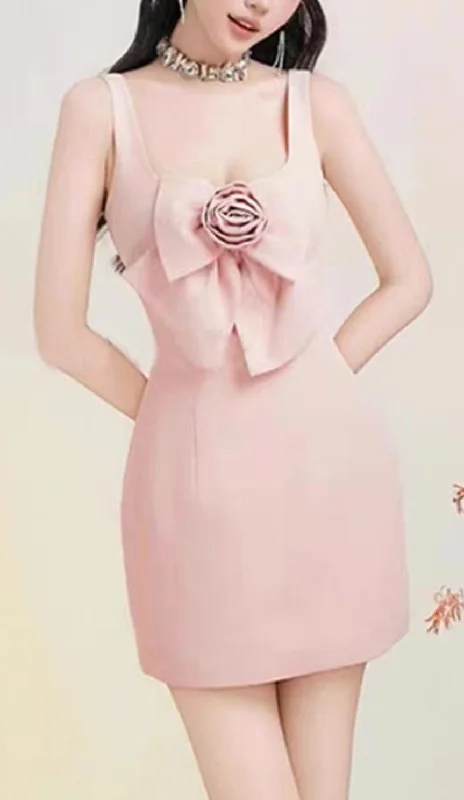 3D FLOWER STRAP MINI DRESS IN PINK Elegant Satin Mini Dress