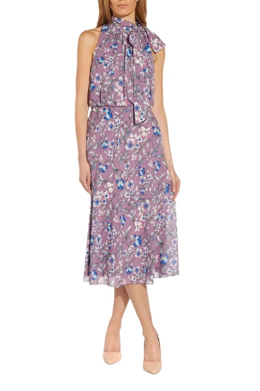 Adrianna Papell AP1D104621 Short Blouson Floral Print Cocktail Midi Dress Stylish Halter Neck Midi Dress