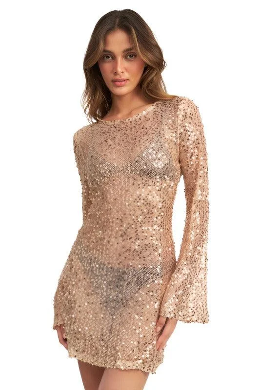 BELL SLEEVE SEQUINS MINI DRESS Cozy Jersey Mini Dress