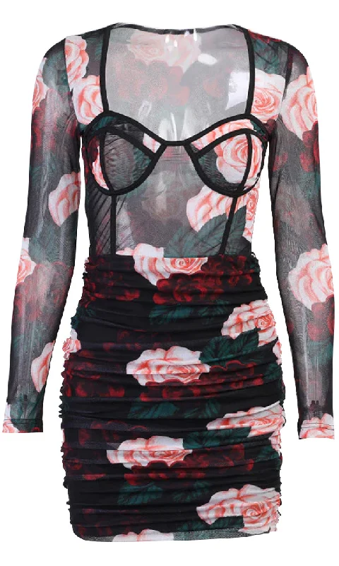 Blossom For You Black Pink Floral Pattern Sheer Mesh Long Sleeve Bustier V Neck Ruched Bodycon Mini Dress Stylish Sweetheart Neck Mini Dress