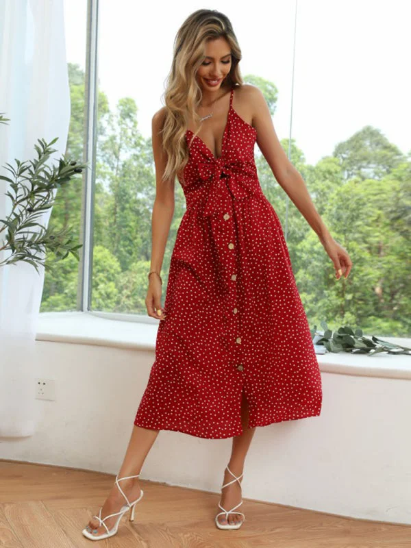 Blue Zone Planet |  Polka-dot lace-up bow A-line Spaghetti Strap Midi dress Elegant Floral Appliqué Midi Dress