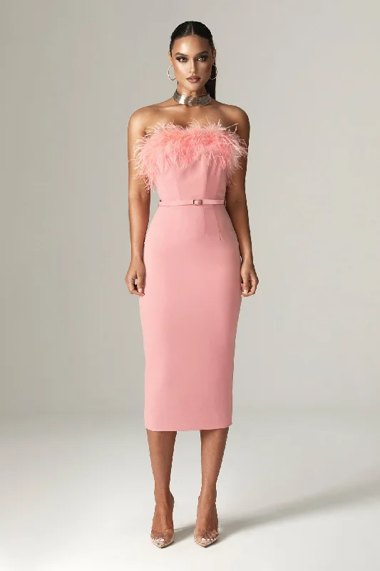 Carmen Strapless Corset Belted Midi Dress (Blush Pink) Comfortable Short Sleeve Midi Dress