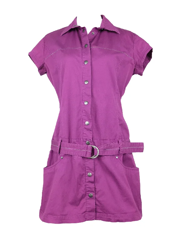 Vintage 2000s Y2K Utility Fuchsia Magenta Pink Collared Short Sleeve Snap Button Down Low Rise Mini Dress with Adjustable Belt | Size M Cozy T-Shirt Mini Dress