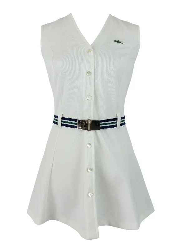 Vintage 80s Lacoste Preppy White Crimplene Sleeveless Tennis A-Line Circle Mini Dress with Striped Elasticated Buckle Belt Cozy Ribbed Mini Dress