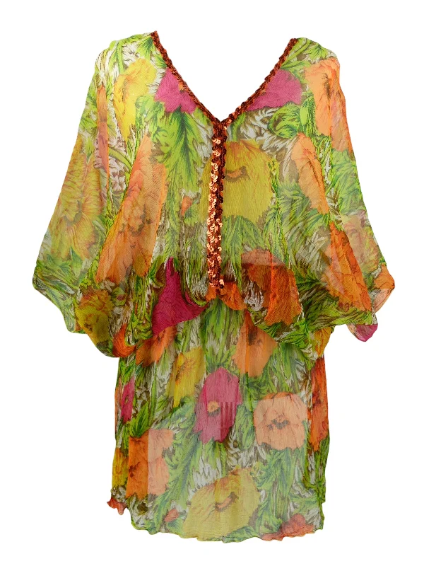 Vintage 2000s Y2K Silk Bohemian Hippie Sheer V-Neck 3/4 Butterfly Sleeve Mini Dress Tunic with Cinched Waist & Sequin Detail | Size S Cozy Ribbed Mini Dress