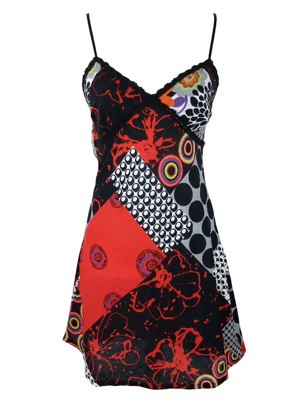 Vintage 2000s Y2K Cache Cache Grunge Gothic Sleeveless Spaghetti Strap Black & Red Abstract Geometric Patterned V-Neck Tank Above-the-Knee Mini Dress | Size S-M Chic Mini Dress with V-Neck